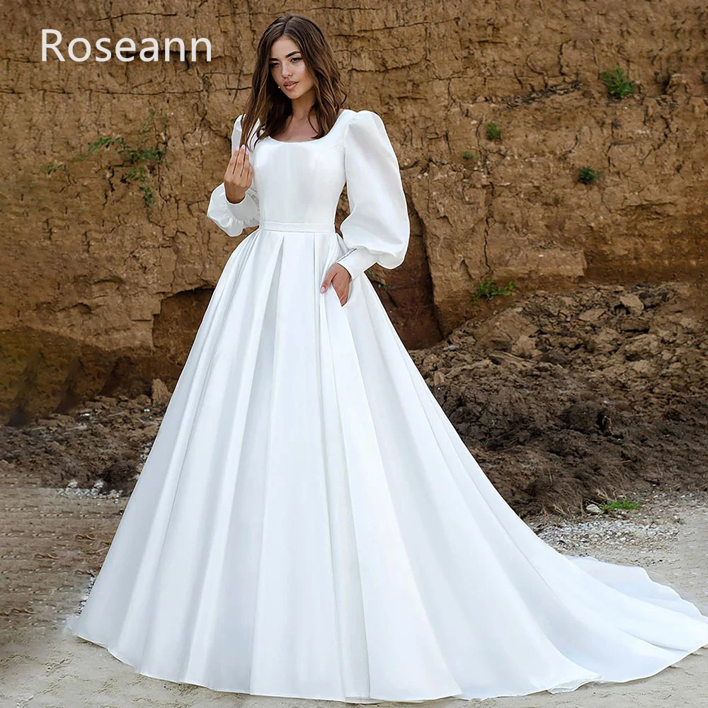 

Muslim Ivory Square A-line Wedding Dresses Puff Sleeve Satin 2023 New Design Full Bride Dresses Floor Length robe de mariée