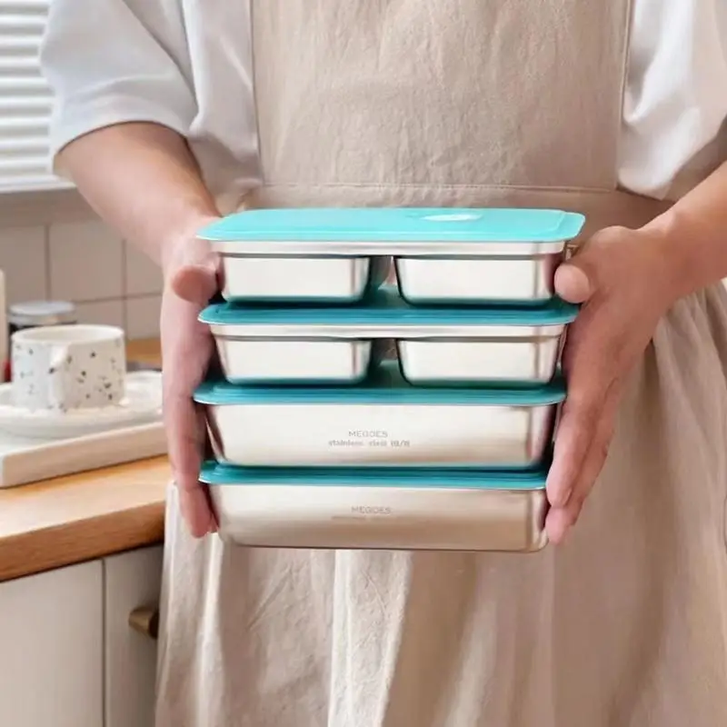 304 Stainless Steel Lunch Snack Box 2 Compartment Portable Grids Bento Fruit Food Storage Containers for Camping School