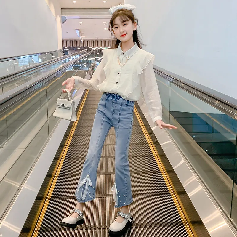 

Teen Girls Clothes Suits Elegant White Blouses + Jeans Two Pieces/Sets New Spring Korean School Children's Fashion Outfits 5-14Y