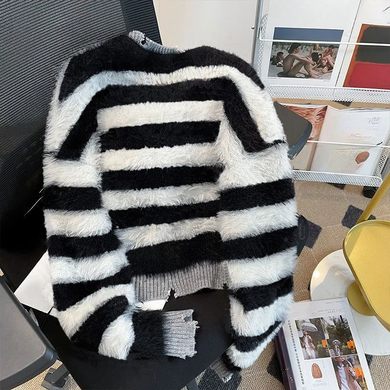 Cardigans Sweater Top Imitate Mink Wool Striped Long Sleeve Knit Korean Elegant Sweet Jacket Casual Oversize Women Clothes New