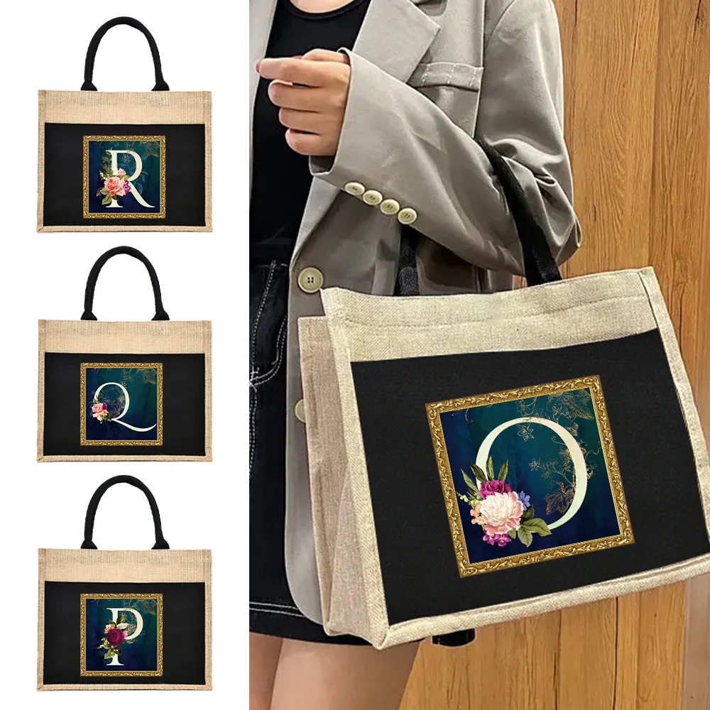 Fashion Linen Flower Letter Series Printing Pattern Shoulder Bag Jute Imitation Linen Bags Environmentally Friendly Shopping Bag 2022 fashion women bags fashion brand round bag commuter flamingo pattern print ladies street canvas black shopping shoulder bag