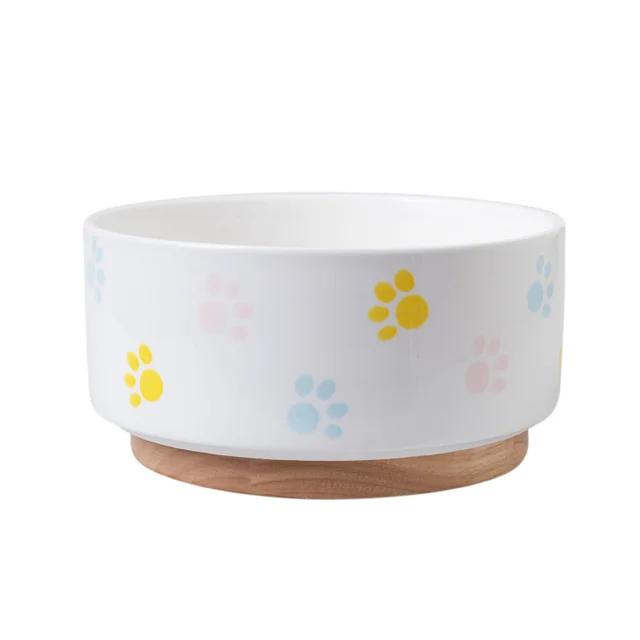 Ceramics Dog Bowl with Wood Mat Wide Mouth Feeding Bowls Food and Water Pet Feeder for Cat Puppy Protecting Cervical Spine 6