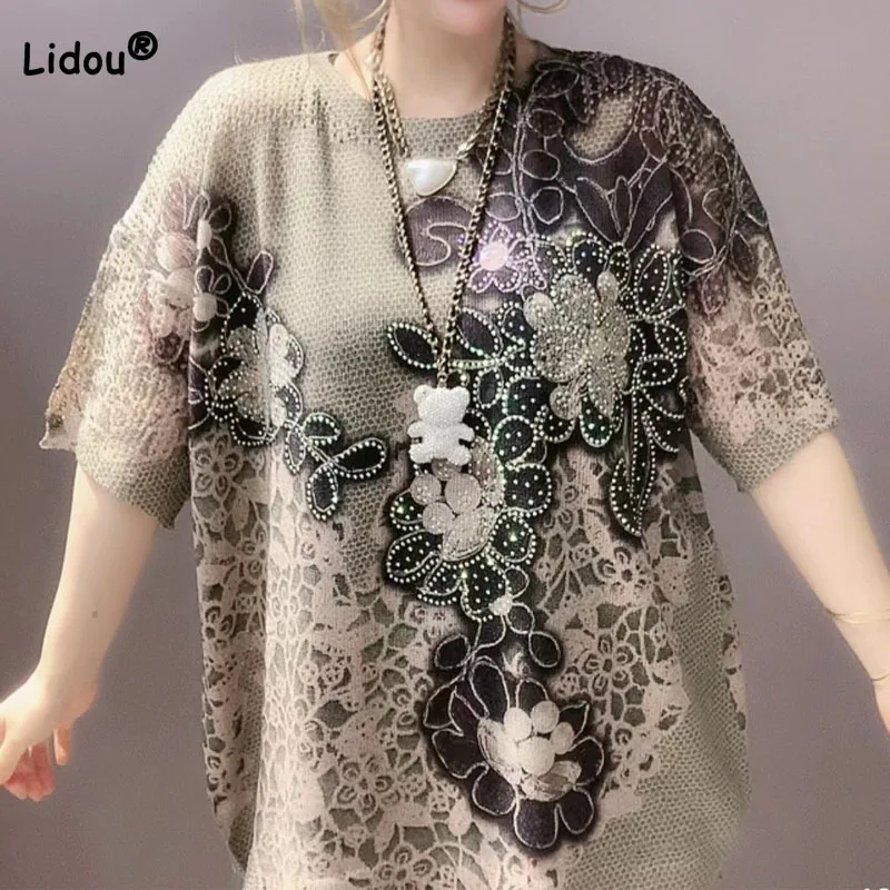 

Fashion Loose Female Floral Printed T-shirt Summer Korean Half Sleeve Diamonds Spliced Casual Pullovers Tops Women's Clothing