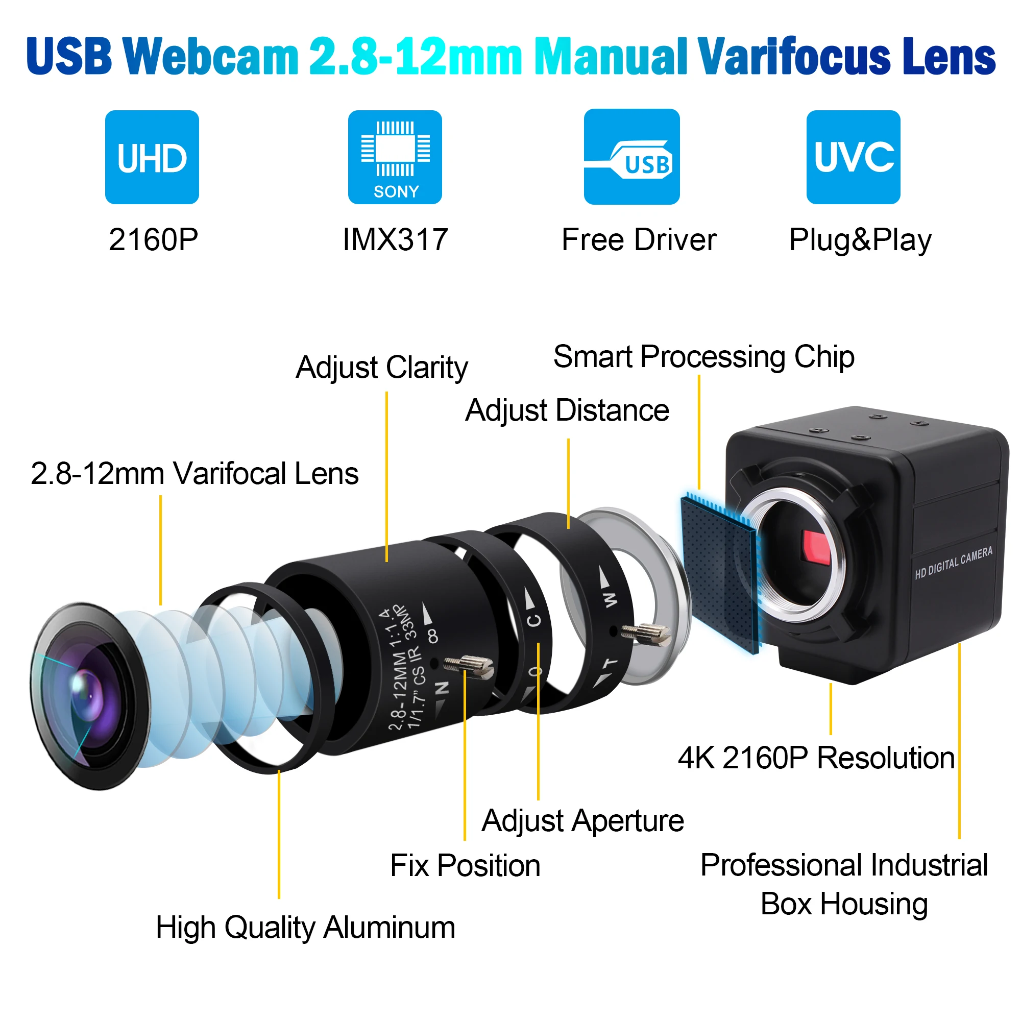 ELP 4K 가변 초점 USB 카메라, IMX415 CS 마운트 렌즈, 울트라 HD 프리 드라이버, 10x 광학 수동 줌, 화상 회의용 미니 웹캠