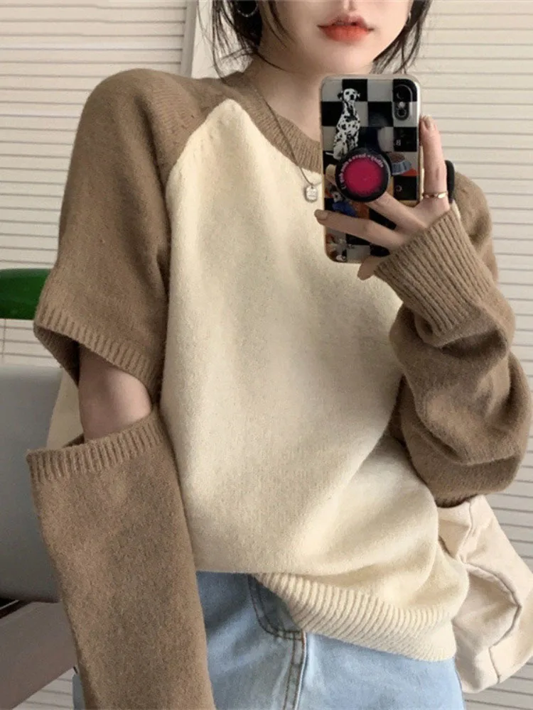 

Fashion Casual Loose Pullovers Tops Women's Clothing Pull Femme Contrast Color Knitwear Jumper Grunge Fashion Knitted Sweaters