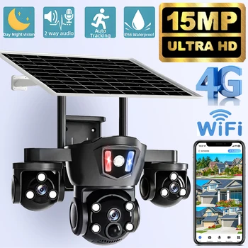 Caméra solaire 4G Sim Surveillance extérieure 3 objectifs, 3 écrans PIR détection humaine 15MP Vision nocturne