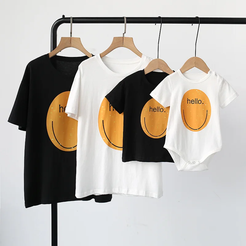 

Family Look Printed Smiley Face Tee 2023 Summer Children's Wear Korean New Parent Kids Short Sleeve T-shirt Baby Cotton Romper