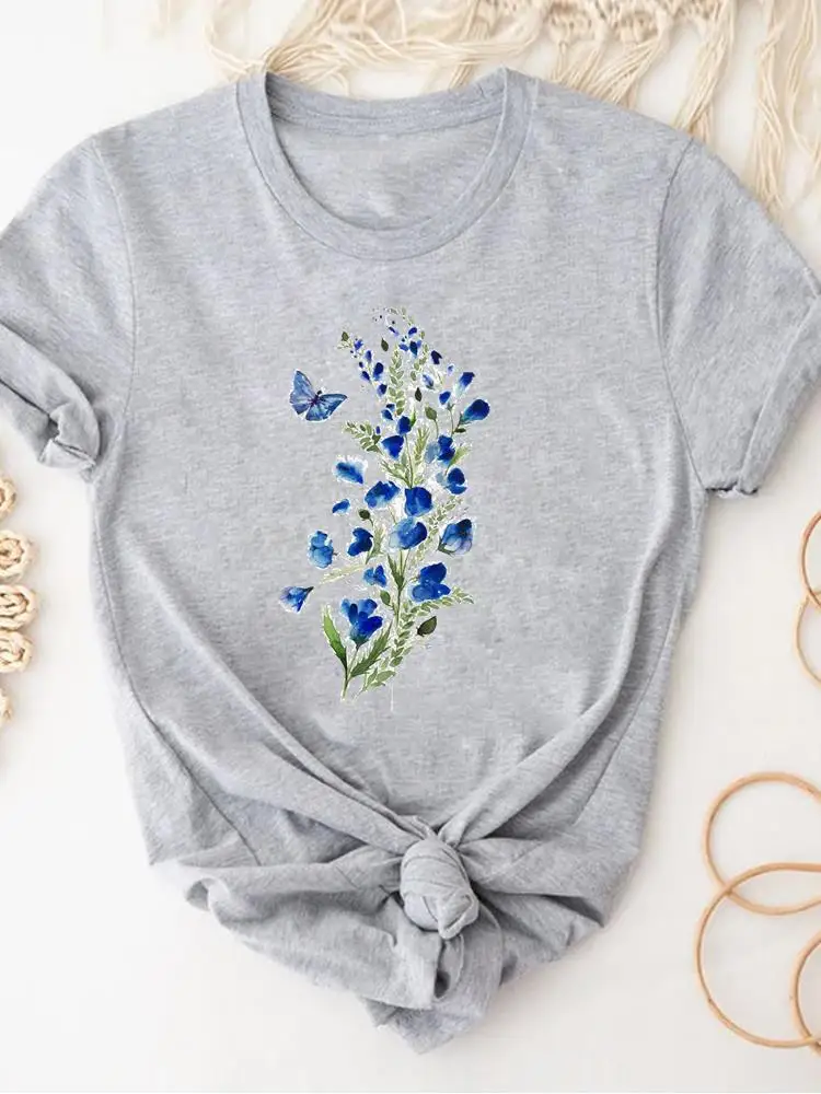 Women Clothing Print Gray T Shirt Short Sleeve Summer Top Plant Flower Trend Fashion Clothes Basic Tee Graphic T-shirt