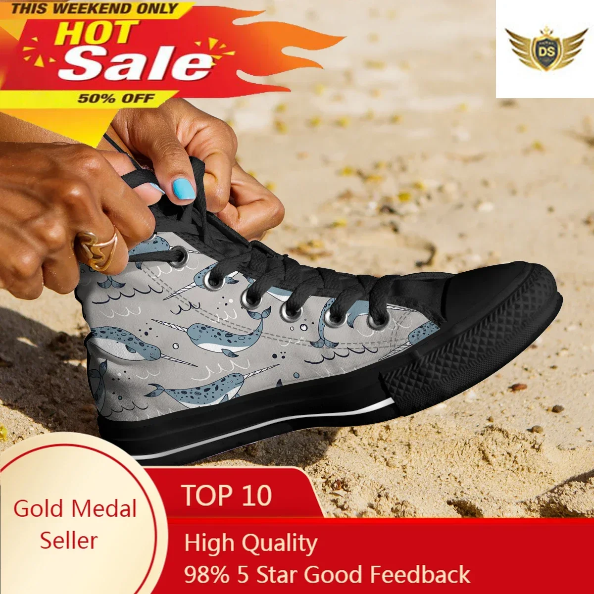 Leisure Woman High Top Canvas Shoes Cute Narwhal Lightweight Fashion Sneakers Wild Student Outdoors Walking Shoes