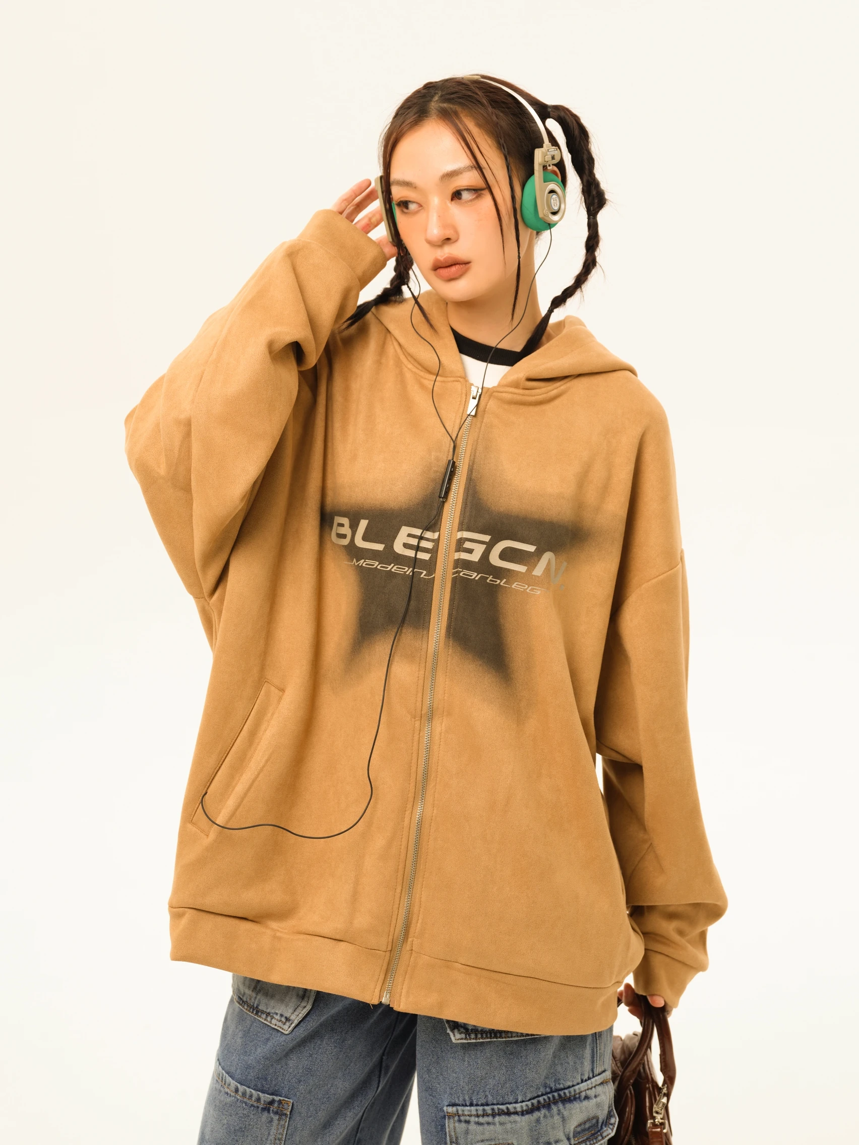 Sweater Coat Women's Vintage Suede Pink Spring and Autumn American Large Size Hooded Cardigan Trendy Zipper Hooded Loose