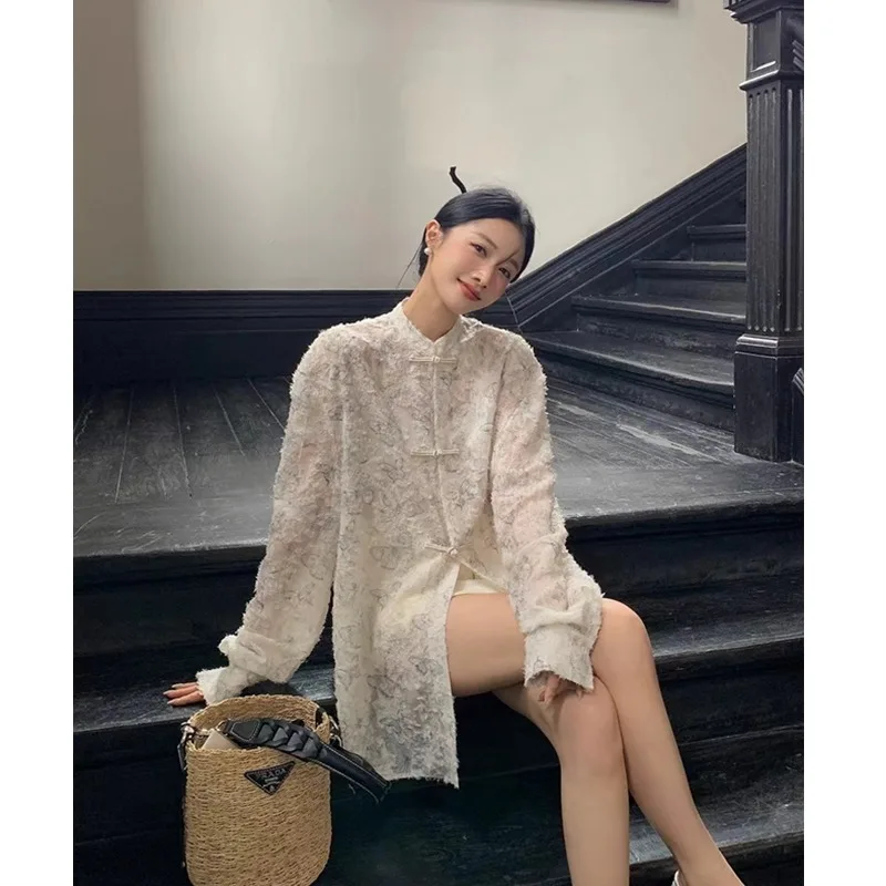 

Женская рубашка на пуговицах, однобортная рубашка с длинным рукавом и воротником-стойкой, с принтом в китайском стиле, для весны