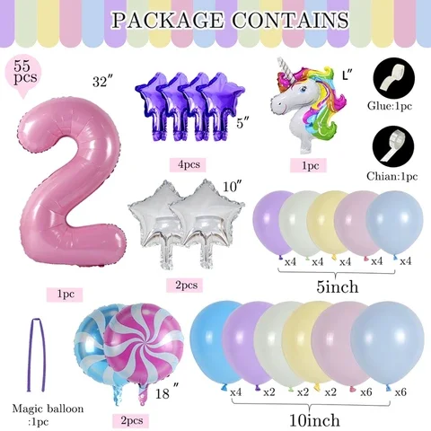 

55pcs Unicorn Rainbow Birthday Balloons Set 32inch Foil Number Balloons Girl 1st Birthday Party Balloon Baby Shower Decor