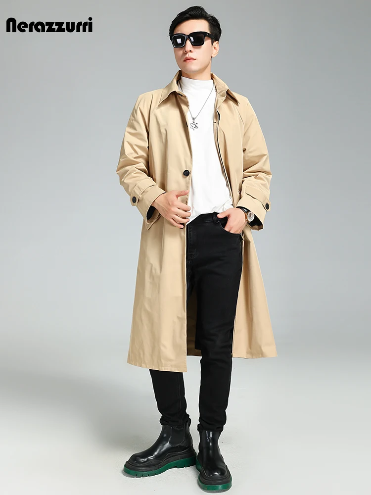 Nerazzurri Spring Autumn Long Soft Khaki Trench Coat Men with Turn-down Collar Single Breasted Casual Mens Clothes Overcoat