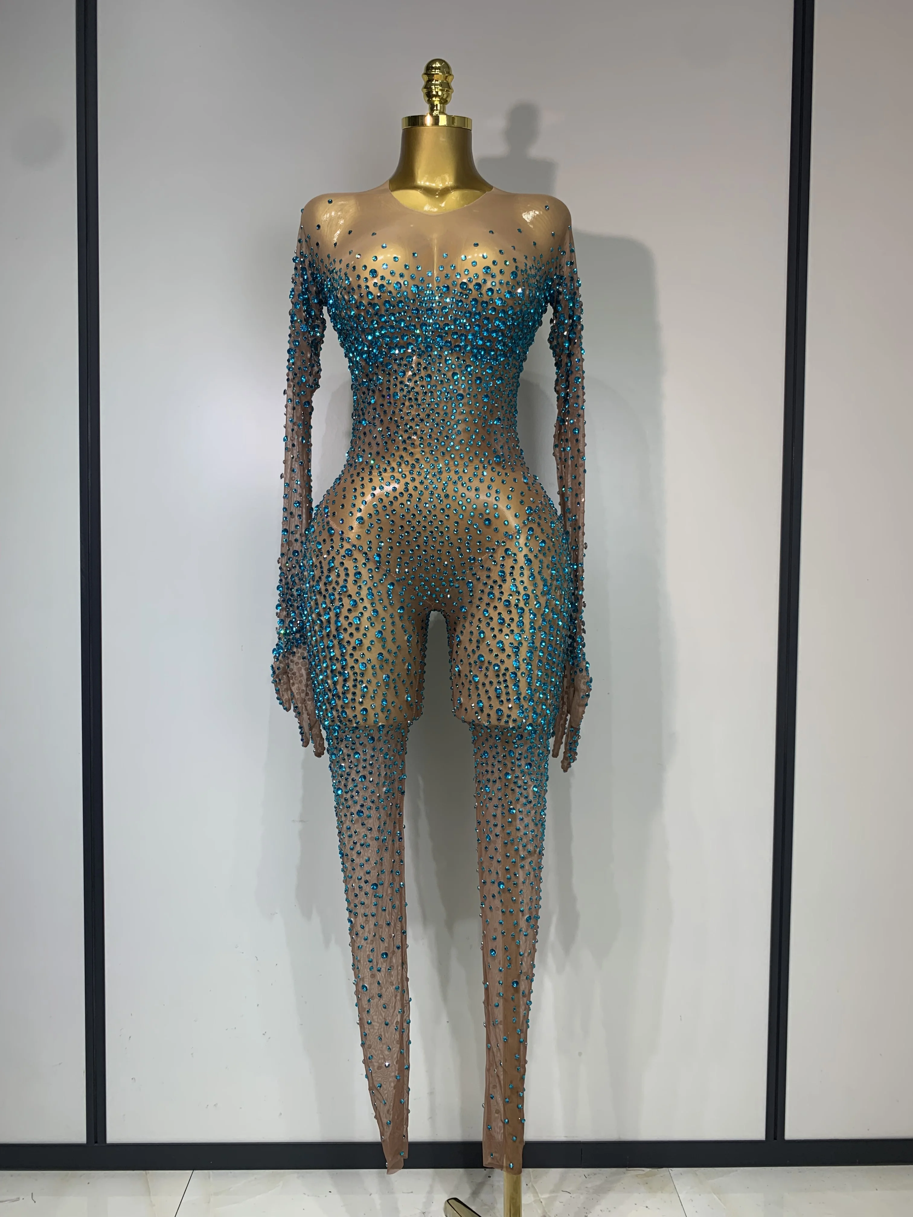 Luxury Rhinestones Bodycon Jumpsuit Sexy Women Mesh See Through Birthday Gown Women Bar Nightclub Dancer Stage Outfit