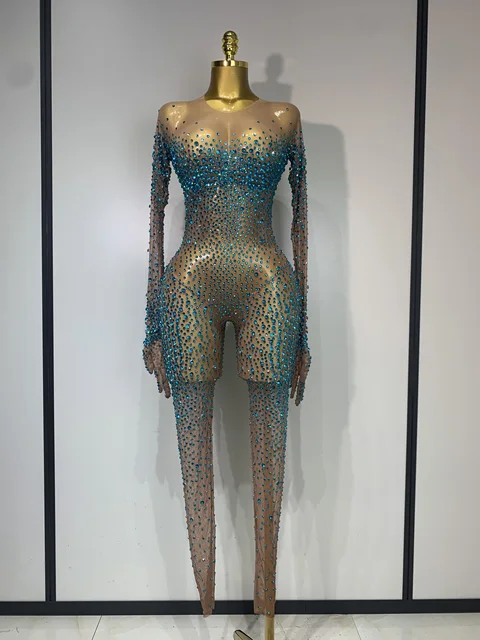 Luxury Rhinestones Bodycon Jumpsuit Sexy Women Mesh See Through Birthday Gown Women Bar Nightclub Dancer Stage Outfit 1