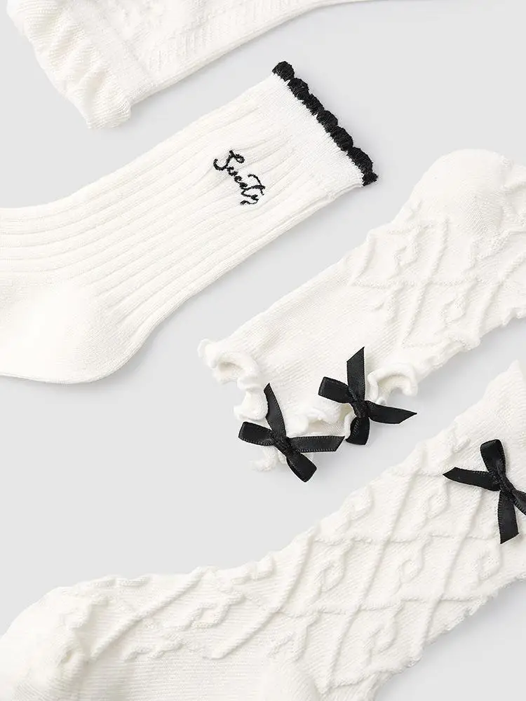 Spring 4pairs/lot Solid White Sweet Bow Girl Baby Mid Socks Children Fashion Letter Cotton Socks Kid Breathable Sport