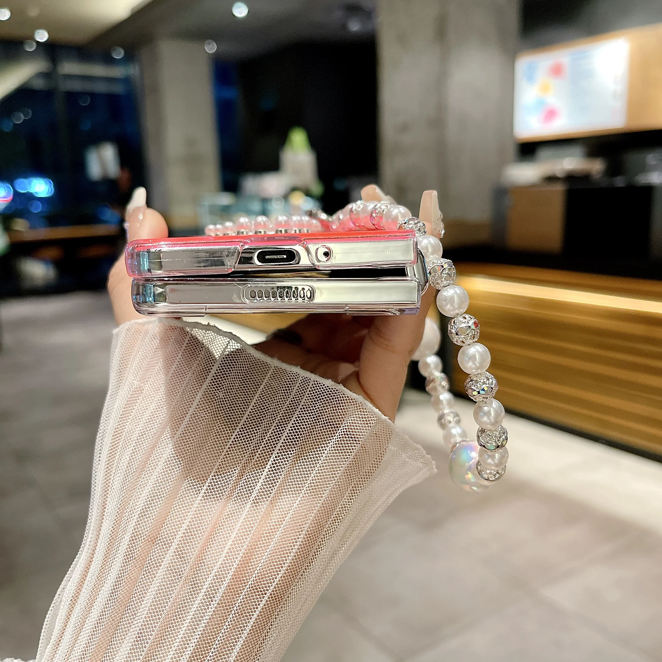 Coque de téléphone avec chaîne de perles en forme de cœur, étui à la mode pour Samsung Galaxy Z Fold 3 4 5 6_voghion.com