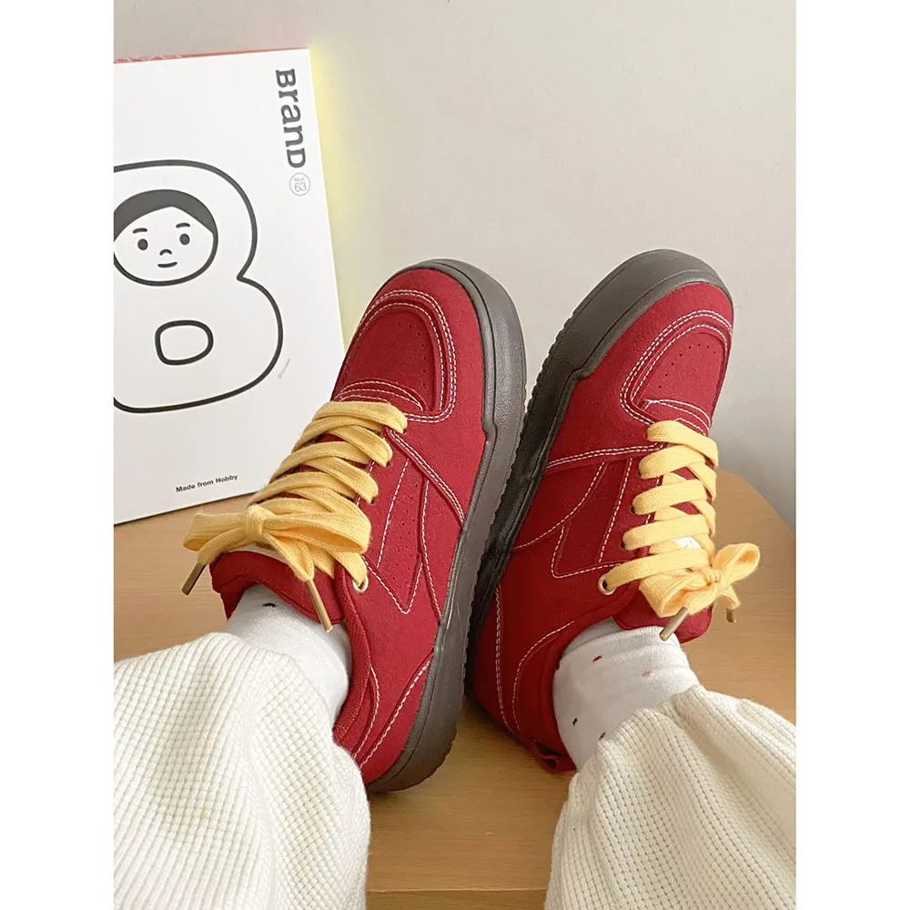 2024 New Spring Thick Sole Women Board Shoes Wine Red Canvas Shoes Women Shoes Lace up Fashion Mixed Color Sports Shoes 24-161
