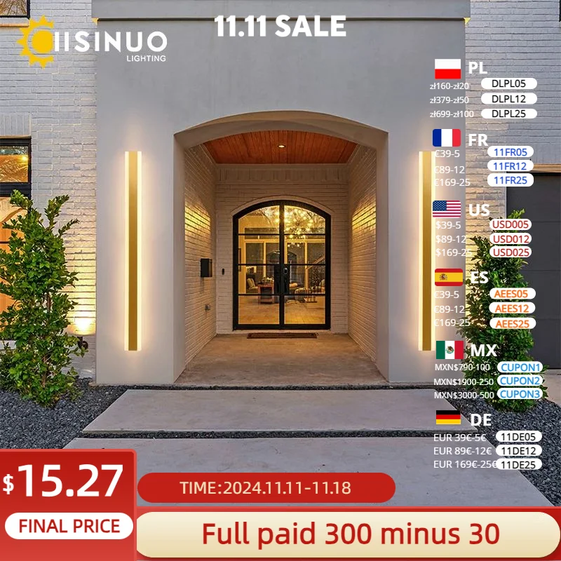 Outdoor Garage Porch Lighting LED Long Wall Sconces Brightness Garden Lamp Black Gold White Gray 85v 265v Villa Sconce Luminaire