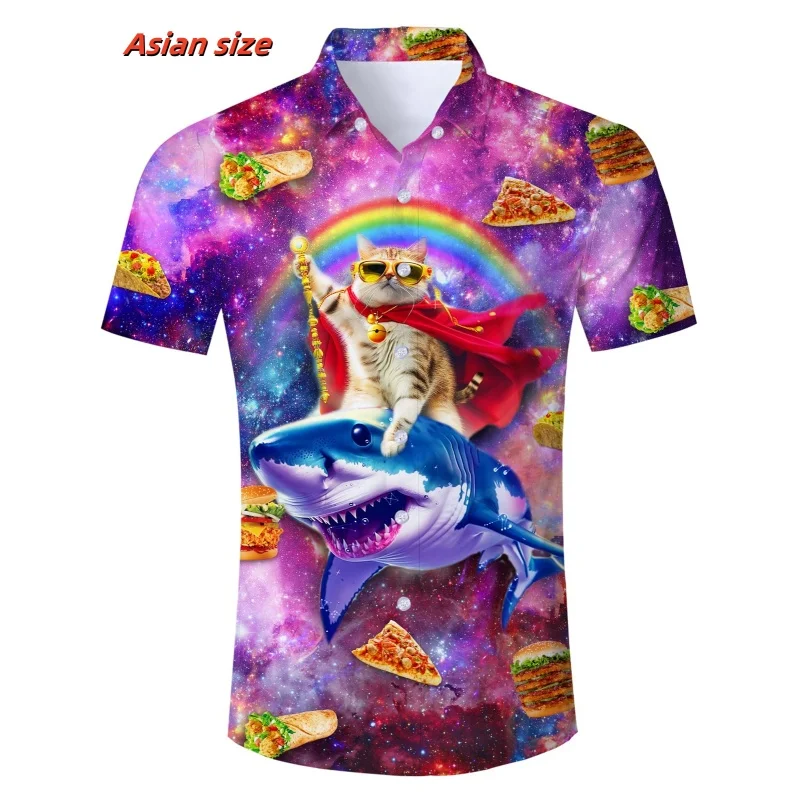 Hamburger pizza Graphic Beach Shirt for Men Colorful Cat Planet 3D Printed Hawaiian Shirts Summer Loose Short Sleeve Blouses casual short sleeved shirt short sleeved shirt hawaiian shirt