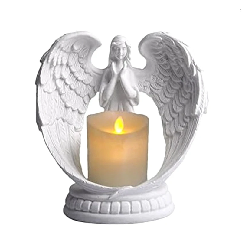 

1Set Starry White Angel Wing Praying Sandstone Statue Angel Figurine Prayer Home Decoration Memorial LED Candle Holder Resin