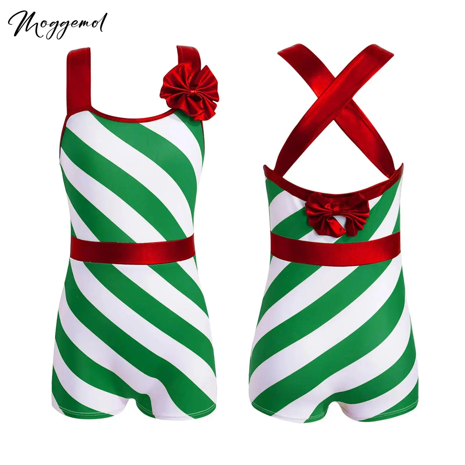 Kids Girls Candy Cane Christmas Dance Costume Stripes Print One Piece Bodysuit Dancewear Ballet Dance Gymnastic Leotard Biketard