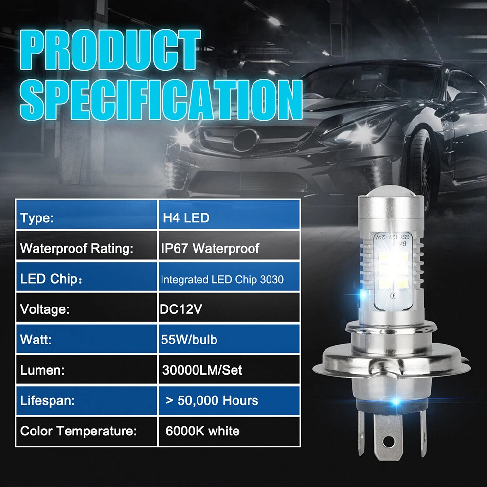 H4 9003 HB2 Headlight Conversion Kit Super Bright 12V Car Running Lamp 6000K 220W High Low Beam IP67 Waterproof Aluminum 15000LM