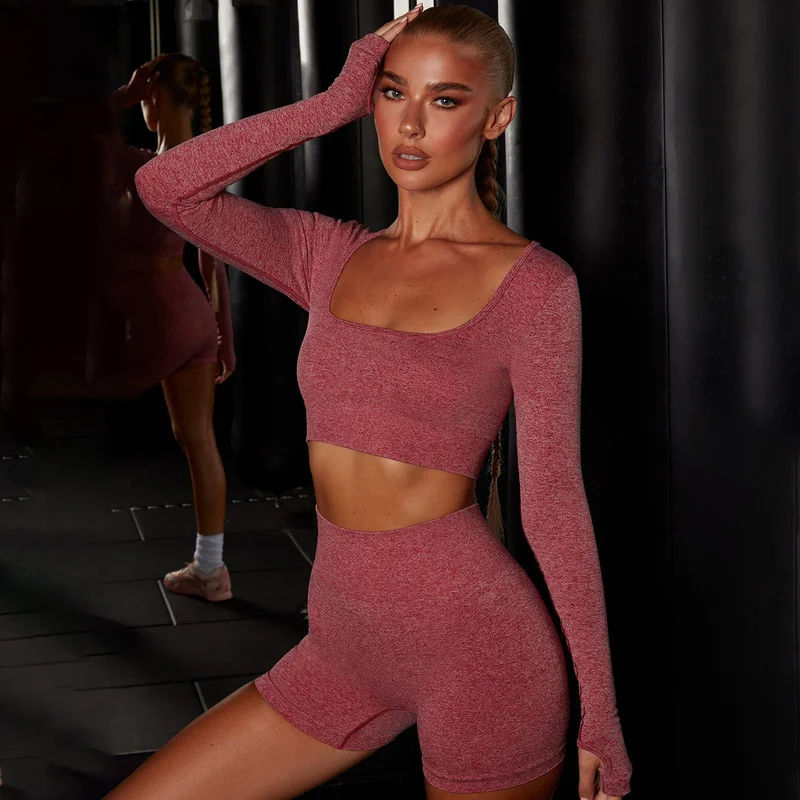 Summer Cycling Women's Two-piece Sexy Long-sleeved Short T-shirt Shorts Casual Fashion Solid Color Sportswear Clothing 2023 New