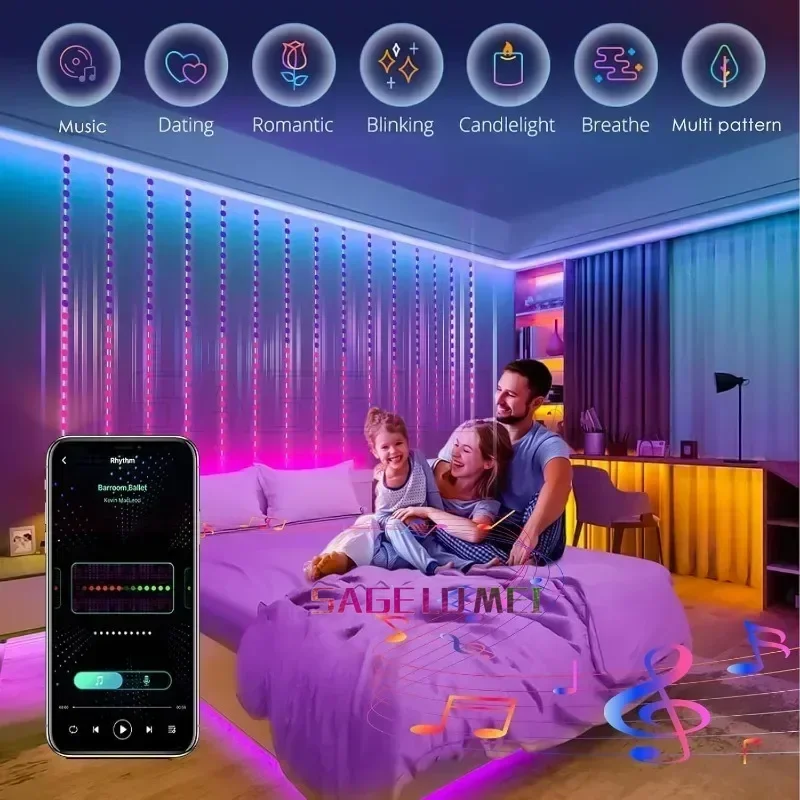 Smart Curtain Lights 400 LED USB Curtain String Lights DIY App Remote Control Music Sync Christmas Holiday Party Curtain Strings 5