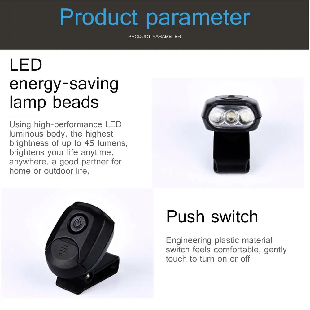 LED Headlamp Head Flashlight Head Lamp Portable Cap Light 90&deg; Rotatable Clip-on Hat Light for Camping Cycling