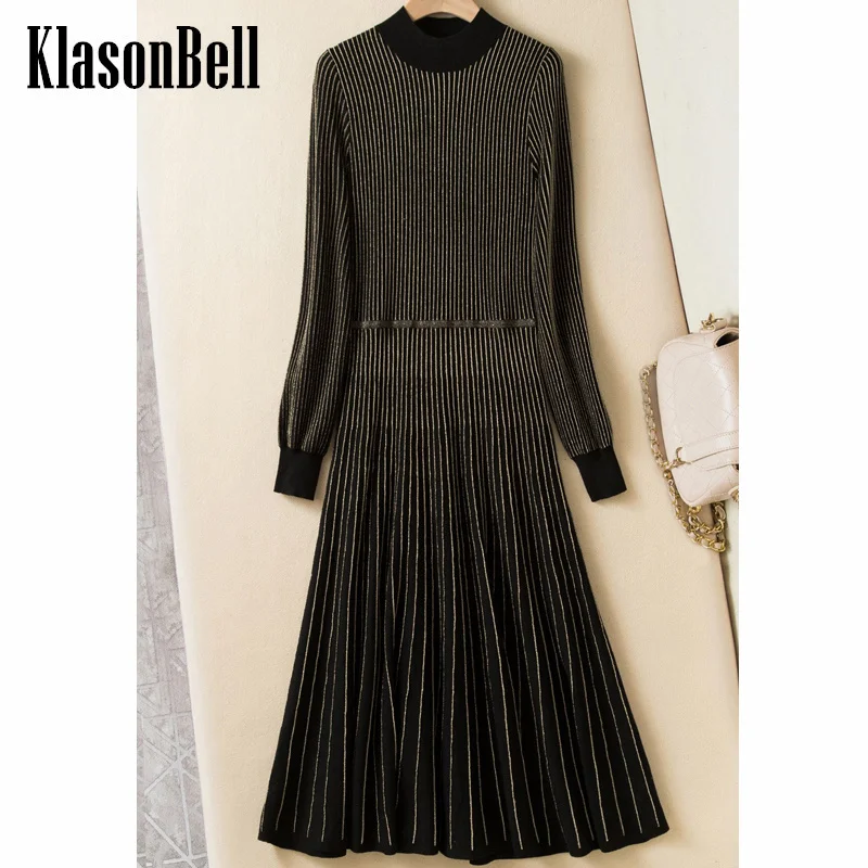 

11.2 KlasonBell-Women's Temperament Elegant Wool Knit Bright Silk Striped Stand Collar Collect Waist Pleated Midi Dress