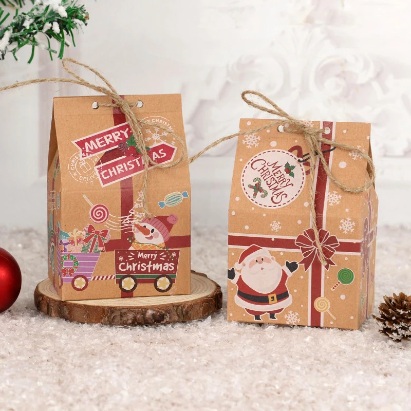5/10pcs Merry Christmas Candy Box With Rop Kraft Paper House Santa Claus Cookie Gift Packaging Boxes 2024 New Year Party Decor