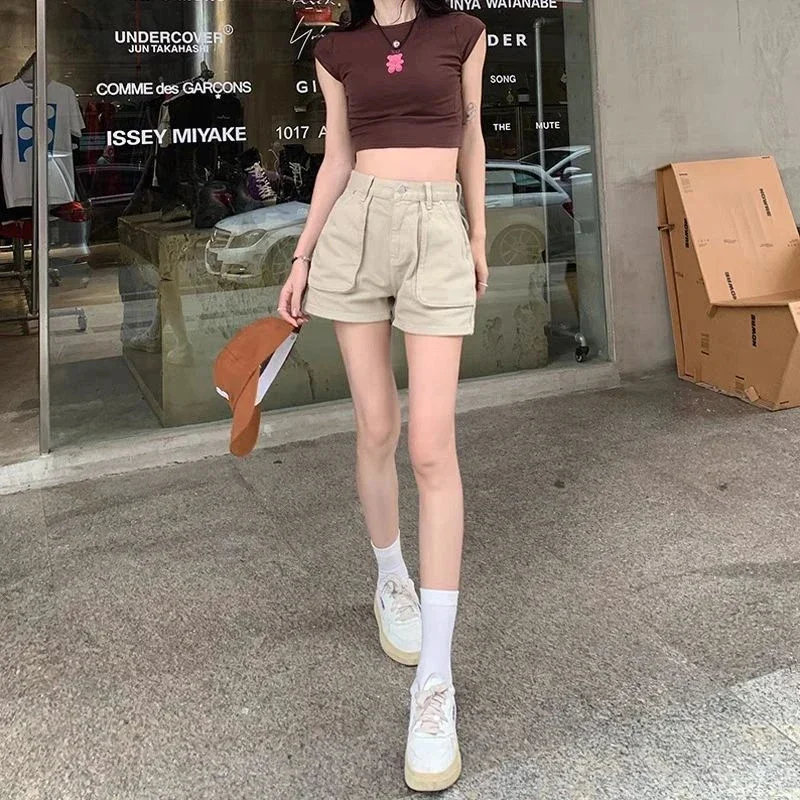 Cargo Denim Shorts Women Streetwear High Waist Slim Jeans Shorts Summer Vintage Khaki Pockets Casual All Match Short Pants