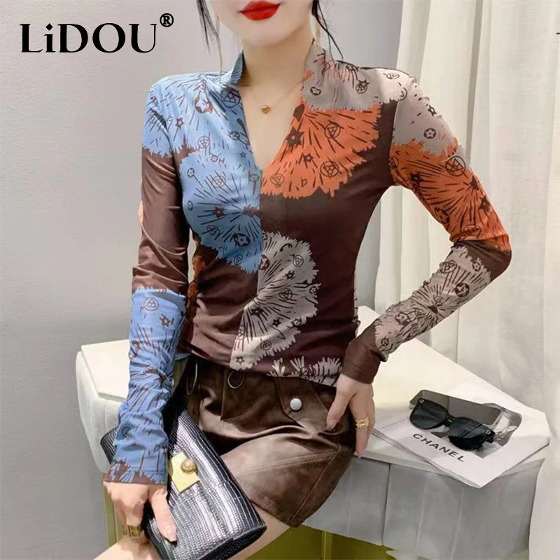 

Summer V-neck Slim Printed Long Sleeve T-shirt Female Casual Fashion Pullover Top Women Sexy Bottomed Patchwor Kharajuku Y2K Tee