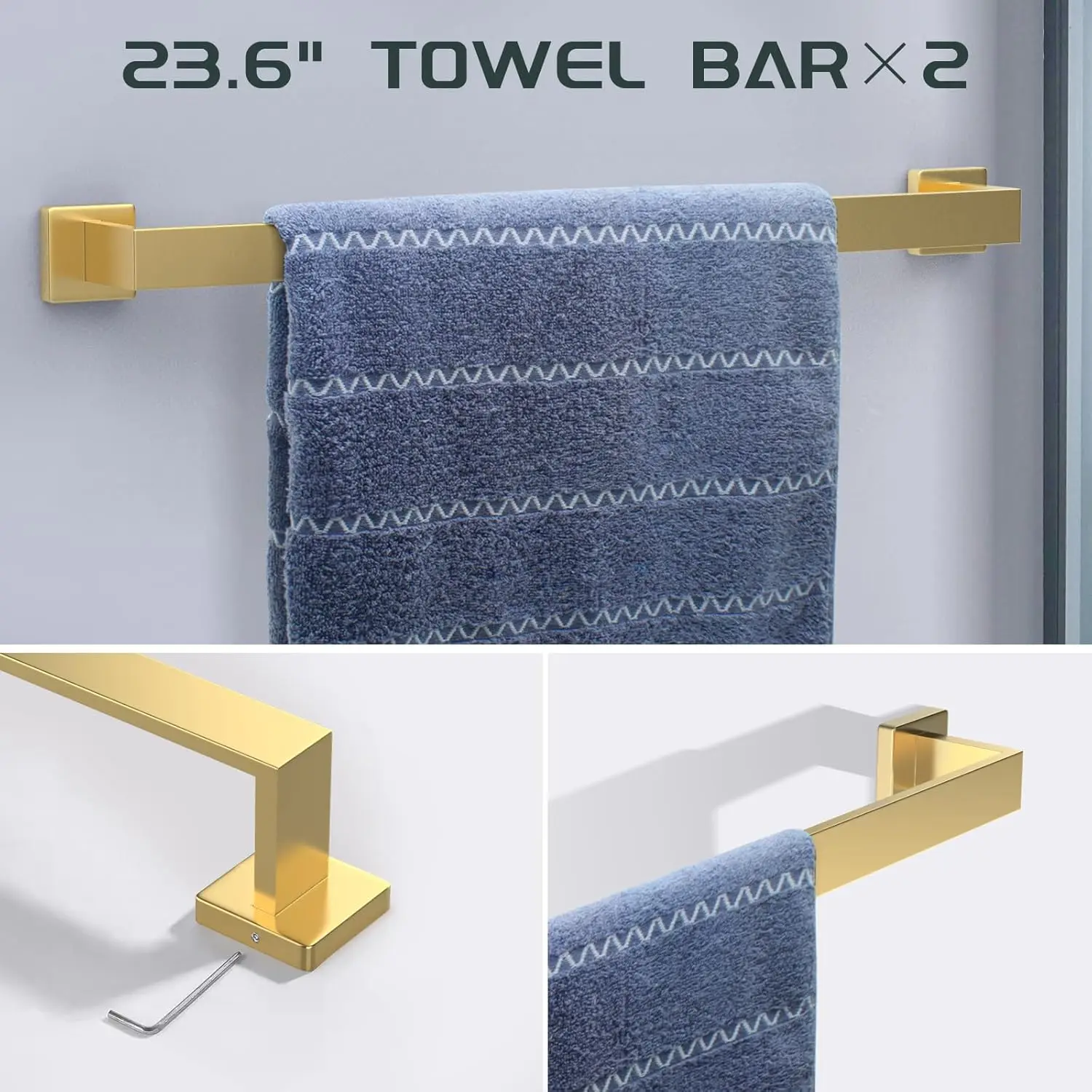 7 Piece Gold Bathroom Hardware Set with Brushed Gold Bathroom Accessories-Square 2 Towel Bars Towel Rack Stainless Steel