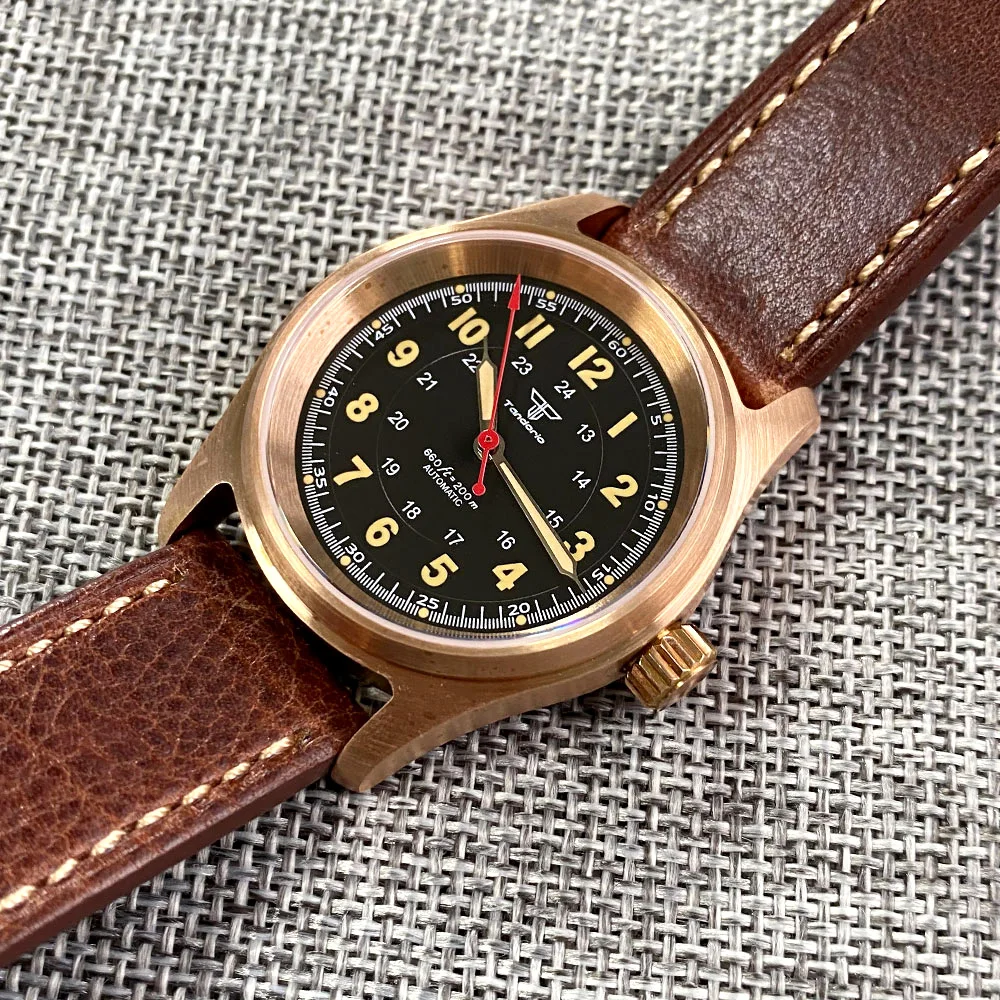 36mm Real Bronze Pilot Mechanical Watch Men 200m Water Resistant Diver Wristwatch Luminous Hand Flat Sapphire NH35 Outdoor Gift