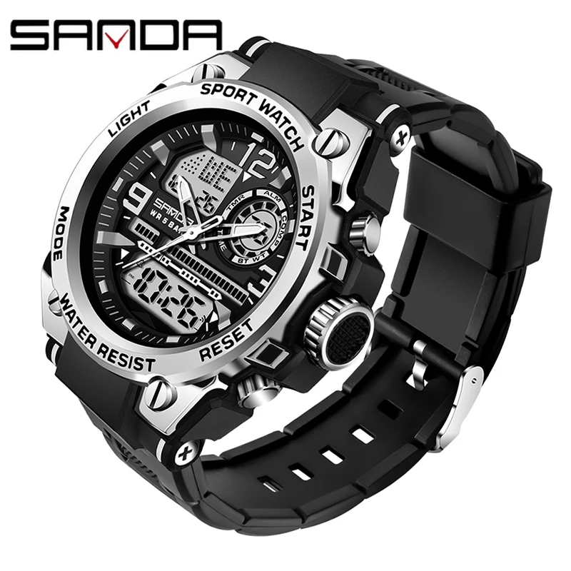 2022 SANDA Quartz 5ATM Waterproof Men Clock Sport Dual Display Electronic Watch Top Brand Military Men's Watch Relogio Masculino 