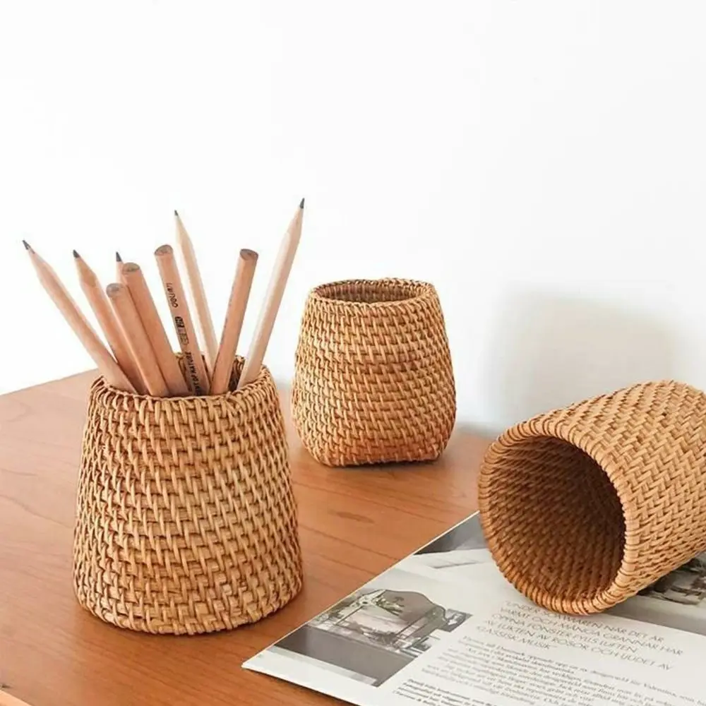 Handmade Pen Holder Hand Woven Wood Vine Rattan Stationery Container Storage Box Organizer Office School Desk Accessories Decor pen holder,desk organizer,pen and brush holder