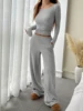Women's Solid-Color Ribbed Loose-Fit Crew-Neck Top and Pocketed Wide-Leg Pants Set 1