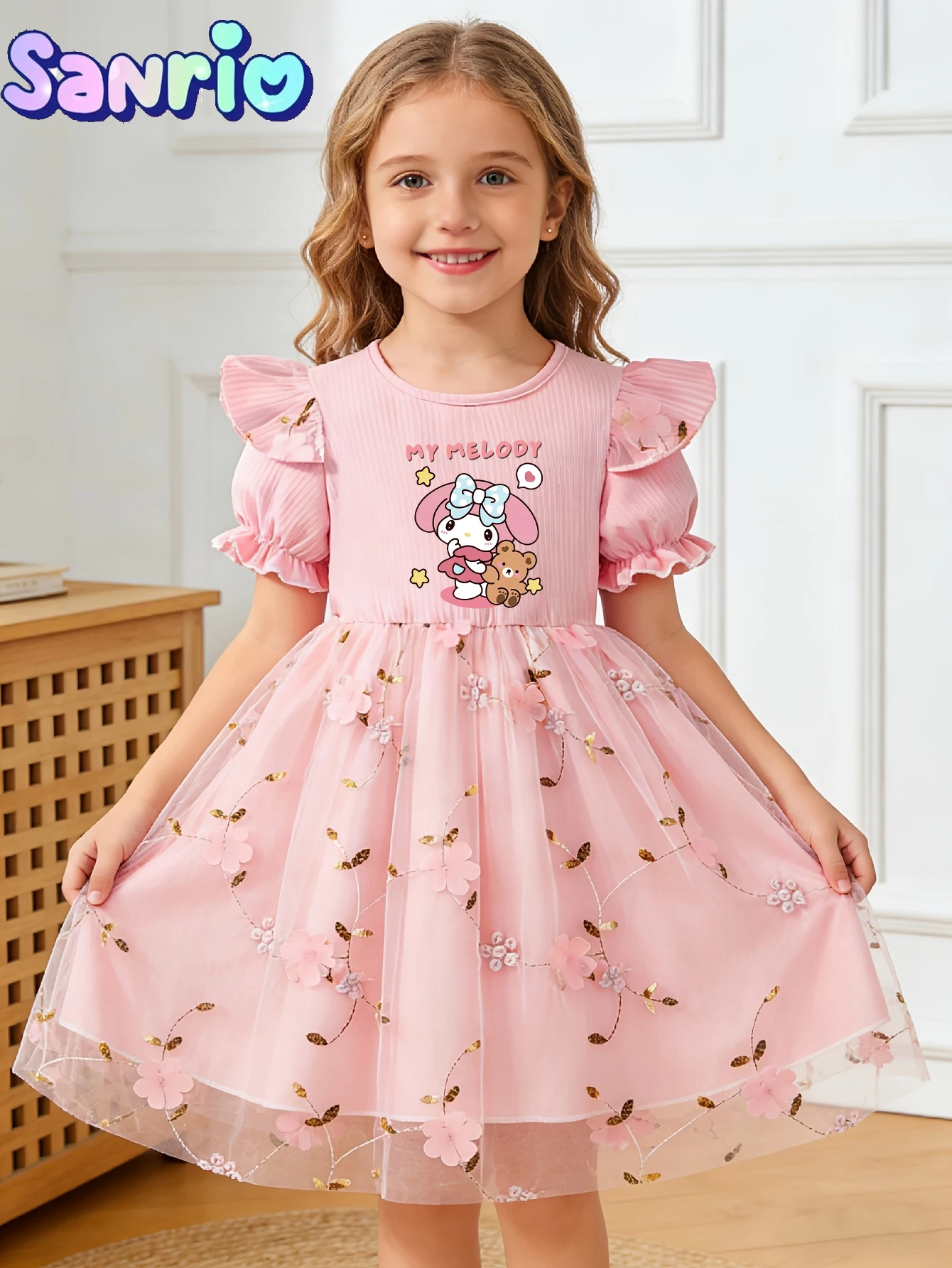 Sanrio My Melody Mädchen Prinzessinnenkleid, Sommer Rosa Tüll Tutu-Rock, Kinder Süßes Blumenprint-Kleid