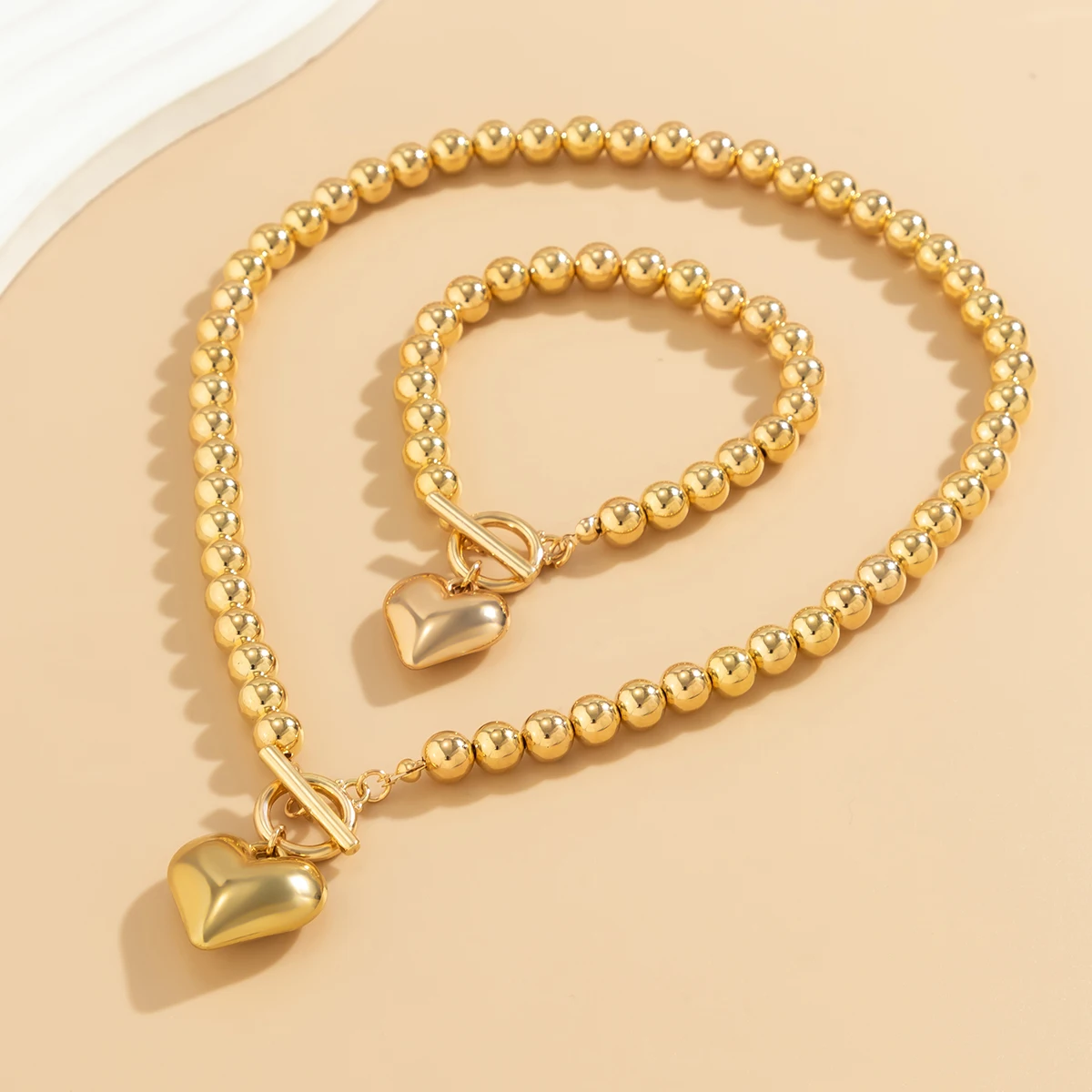 Jewelry Sets 2Pcs Creative Punk Big Love Heart OT Buckle Pendant Choker Necklace Women Vintage CCB Beads Chain Bracelets Grunge