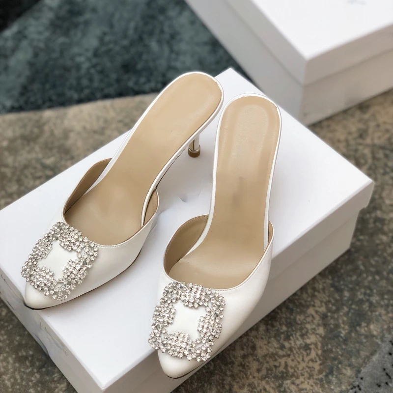 

2022 New Women's Shoes Satin Pointed Toe Stiletto Rhinestone Square Buckle Half Slippers Women Sandal