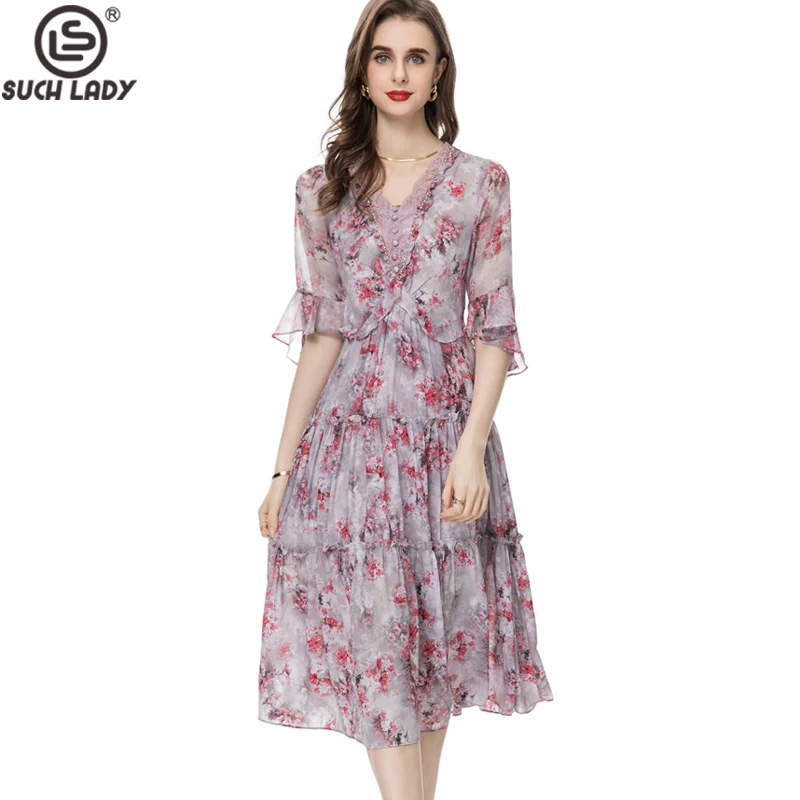 

Женские модельные платья с V-образным вырезом и рукавом до локтя, Элегантное повседневное платье в стиле High Street с цветочным принтом