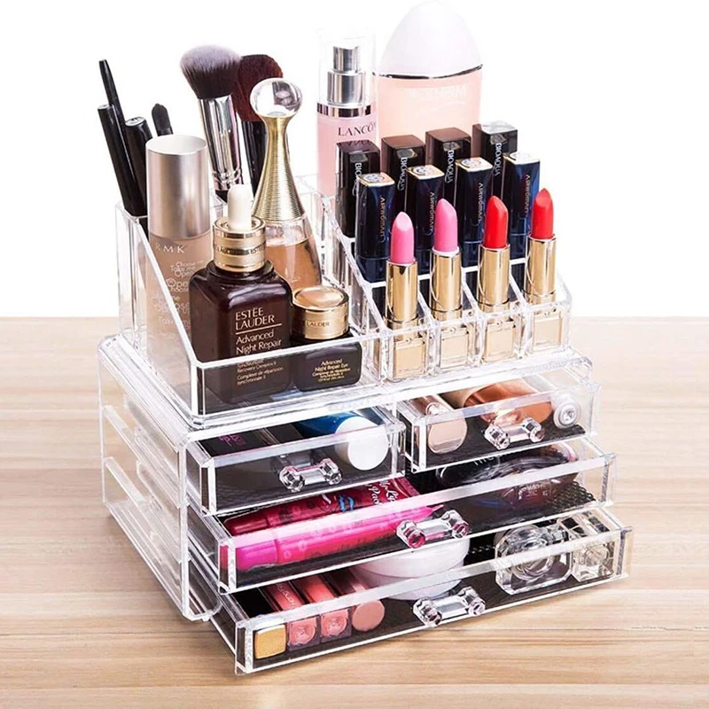 Cajón de acrílico transparente para maquillaje, organizador de escritorio,  caja de almacenamiento de cosméticos, lápiz labial, joyería, soporte para  brochas