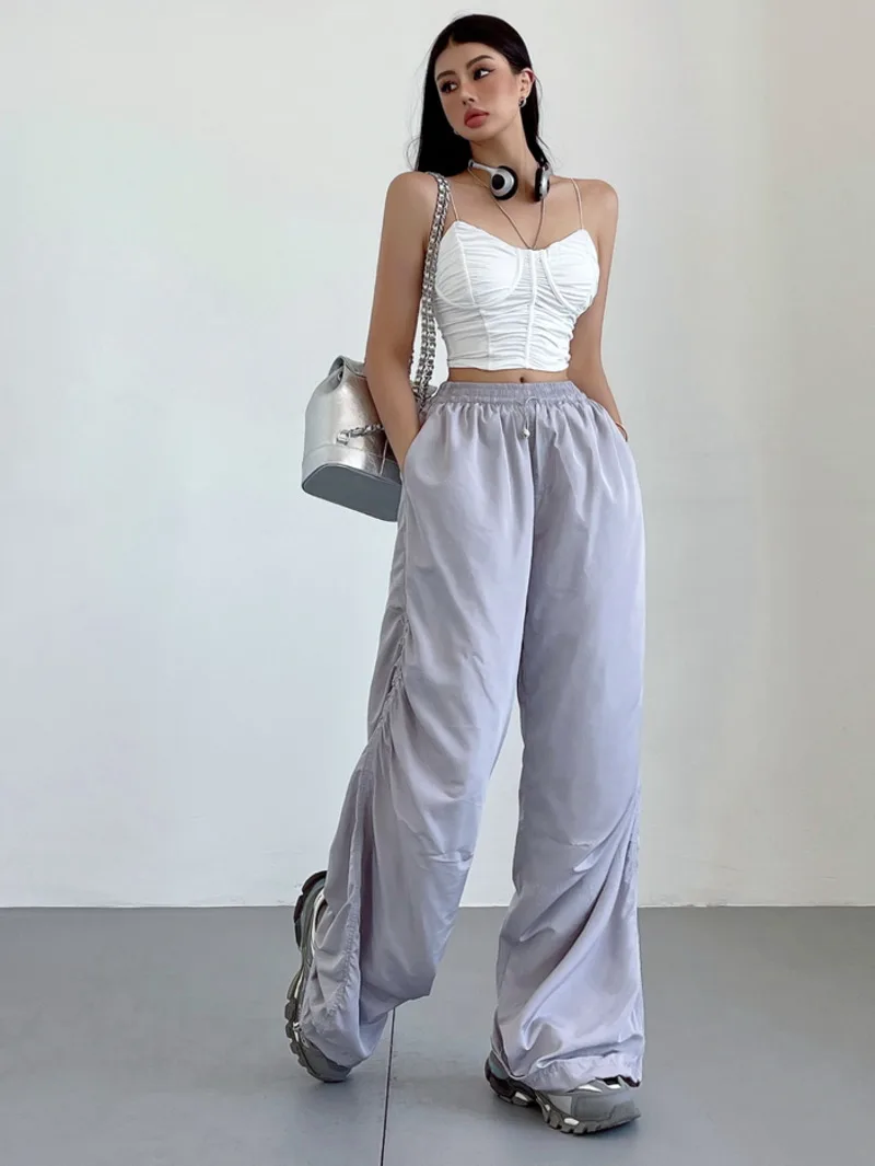 

WOMENGAGA American Street Drawstring Pleated Quick Drying Workwear Pants For Women Autumn Thin Loose Casual Wide Leg Pants X8XA