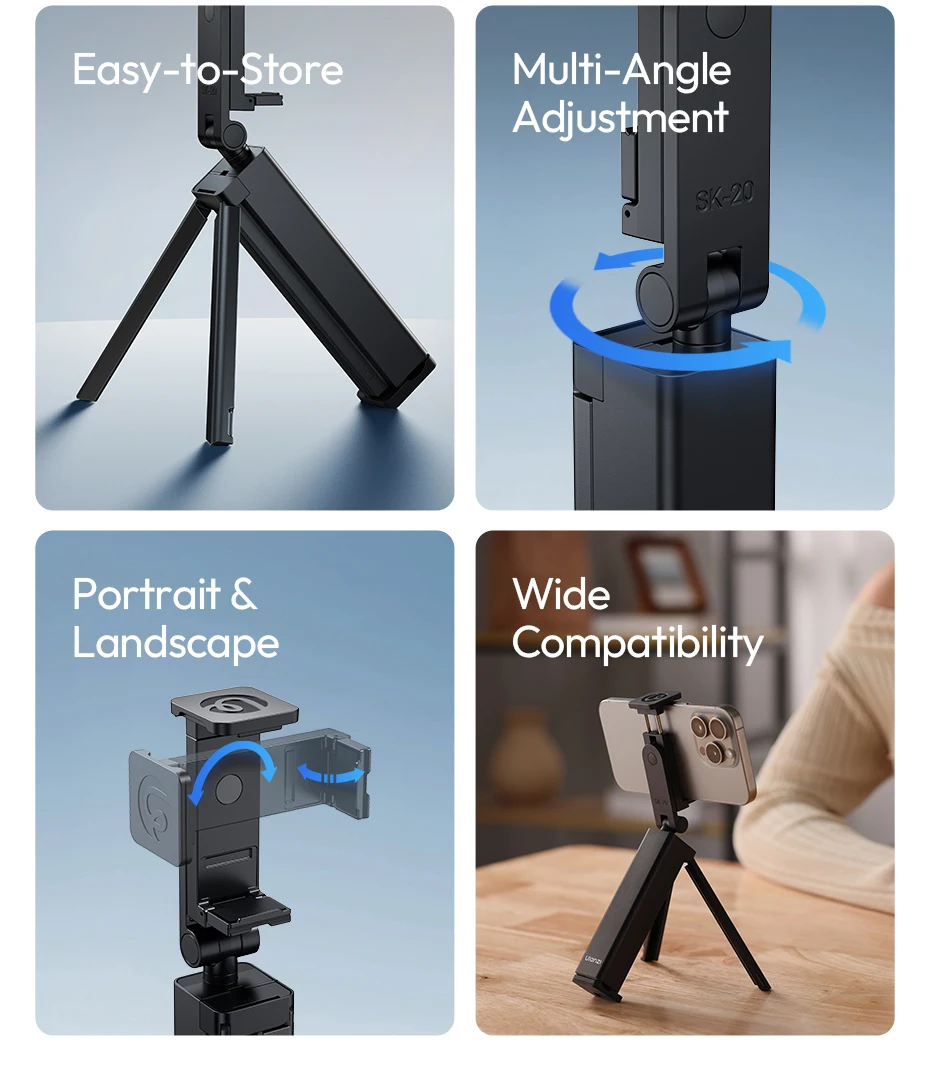 Travel Phone Holder Foldable Tripod with Phone Clip & Bottom Clamp for Multi-ang