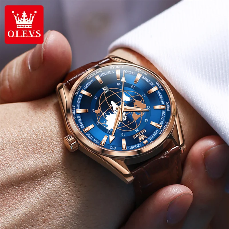 OLEVS Globe Pattern New Quartz Men's Watch Luminous Fashion Luxury Sport Watches Rose Gold Steel Case Clock Reloj Hombre