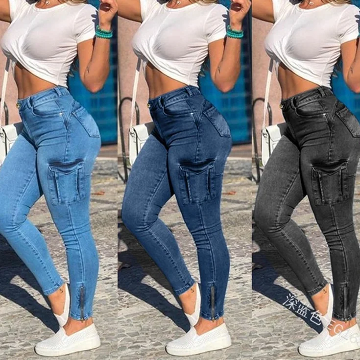 

Zipper Pleated Fashion Women's Pants Casual Waist Jeans Summer Fashion Women's Jeans Tight Retro Pocket Pants