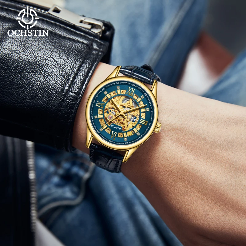 OCHSTIN Male Wristwatches Automatic Mechanical Luxury Rose Gold Antique Skeleton Diamond Dial Stainless Steel Mens Dress Watches