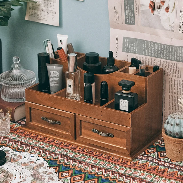 Kreatív Prémium Vintage Fa Íróasztal Szervező Sminktároló 2Drawers Az Otthoni Parasztház Dekorációjának Szervezőjéhez - Image 2